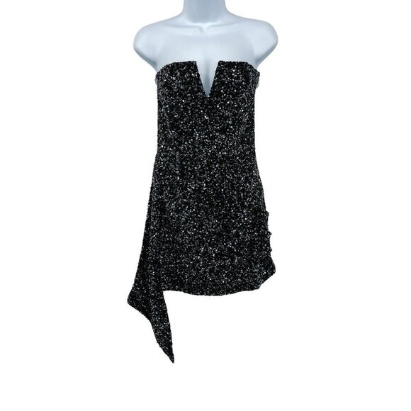 Retrofete Omer Sequin Mini Dress Strapless Asymmetrical Gunmetal Black V-Neck - Picture 3 of 12